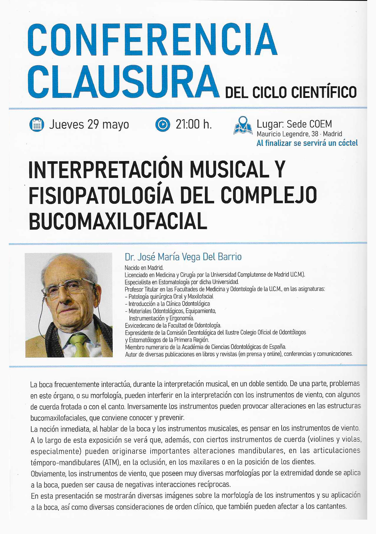 Música y salud oral: una reflexión interdisciplinar en la clausura del Ciclo Científico del COEM